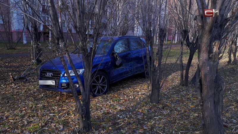 В Сургуте иномарка снесла несколько деревьев, уходя от столкновения. ФОТО