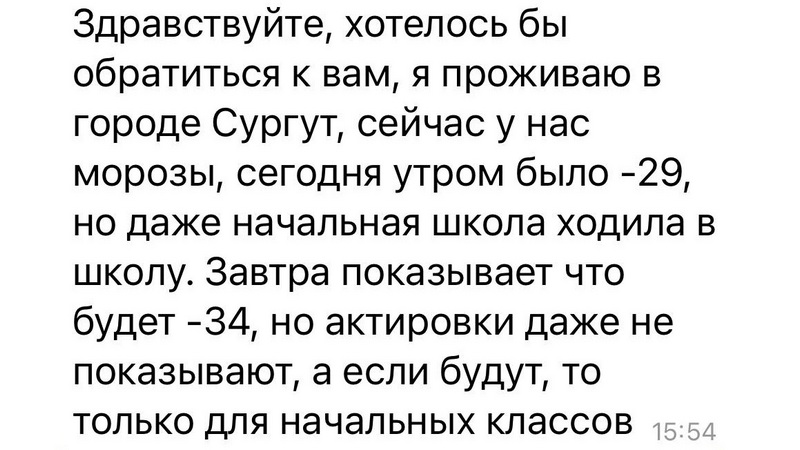 Сургутские подростки жалуются Екатерине Мизулиной на отсутствие актировок
