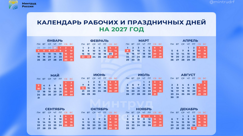Проект календаря праздничных дней в 2027 году представил Минтруд России